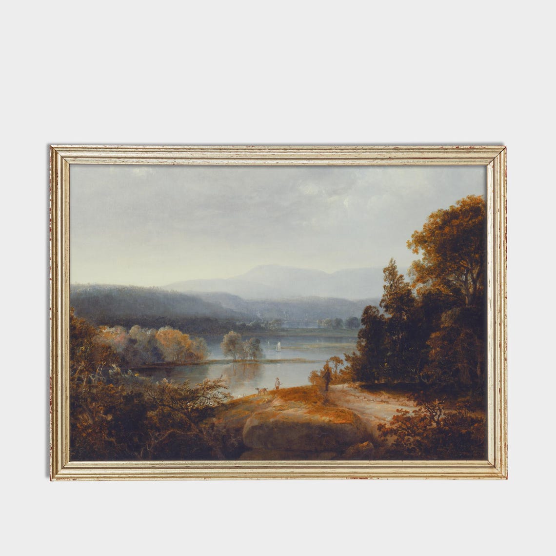 Autumn River Valley with a Figure on Rocky Shore Antique Poster - Image 3