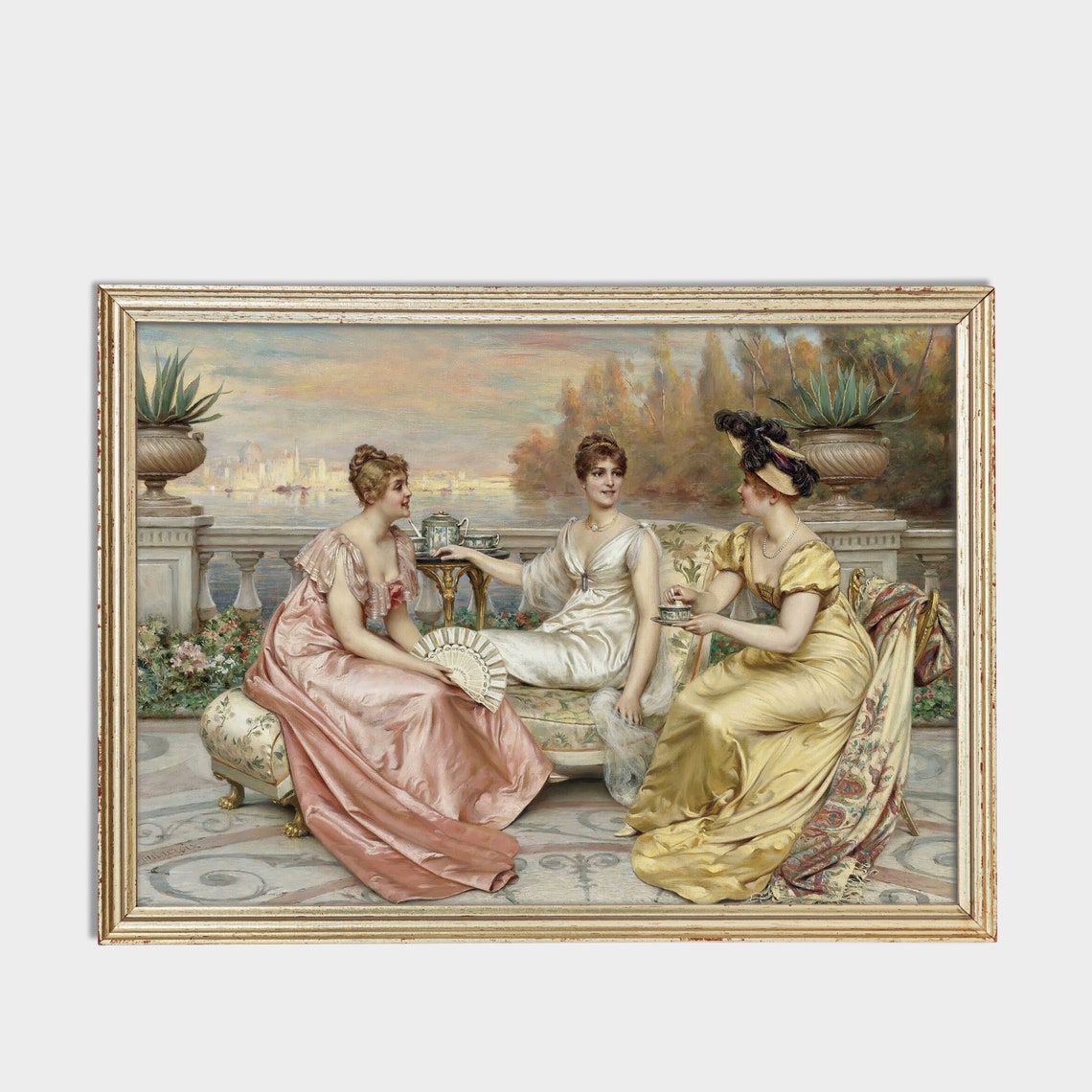 Three Elegant Women Enjoying Tea on a Terrace Vintage Painting Poster - Image 3