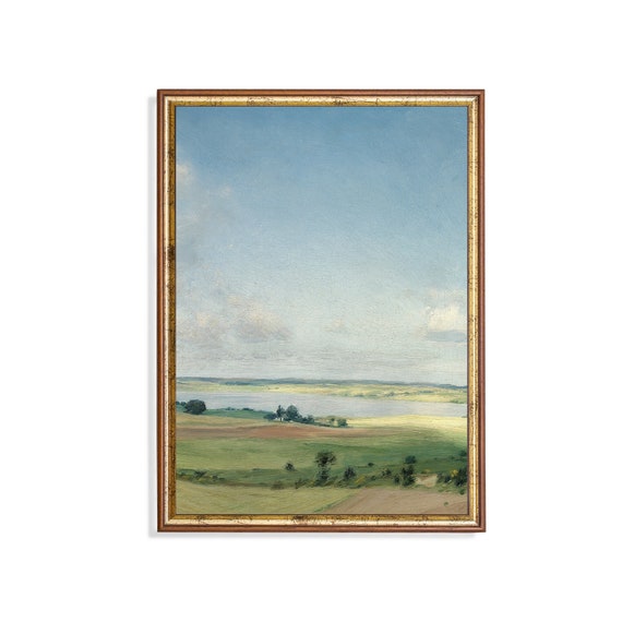 Hilly Vertical Landscape Antique Rustic Sky Painting Country Decor Wall Art Vintage Farmhouse Print