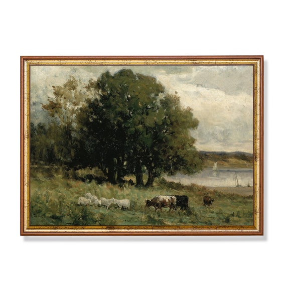 Vintage Landscape Painting Country Landscape Antique Moody Print Meadow Landscape Cow Painting Wall Art