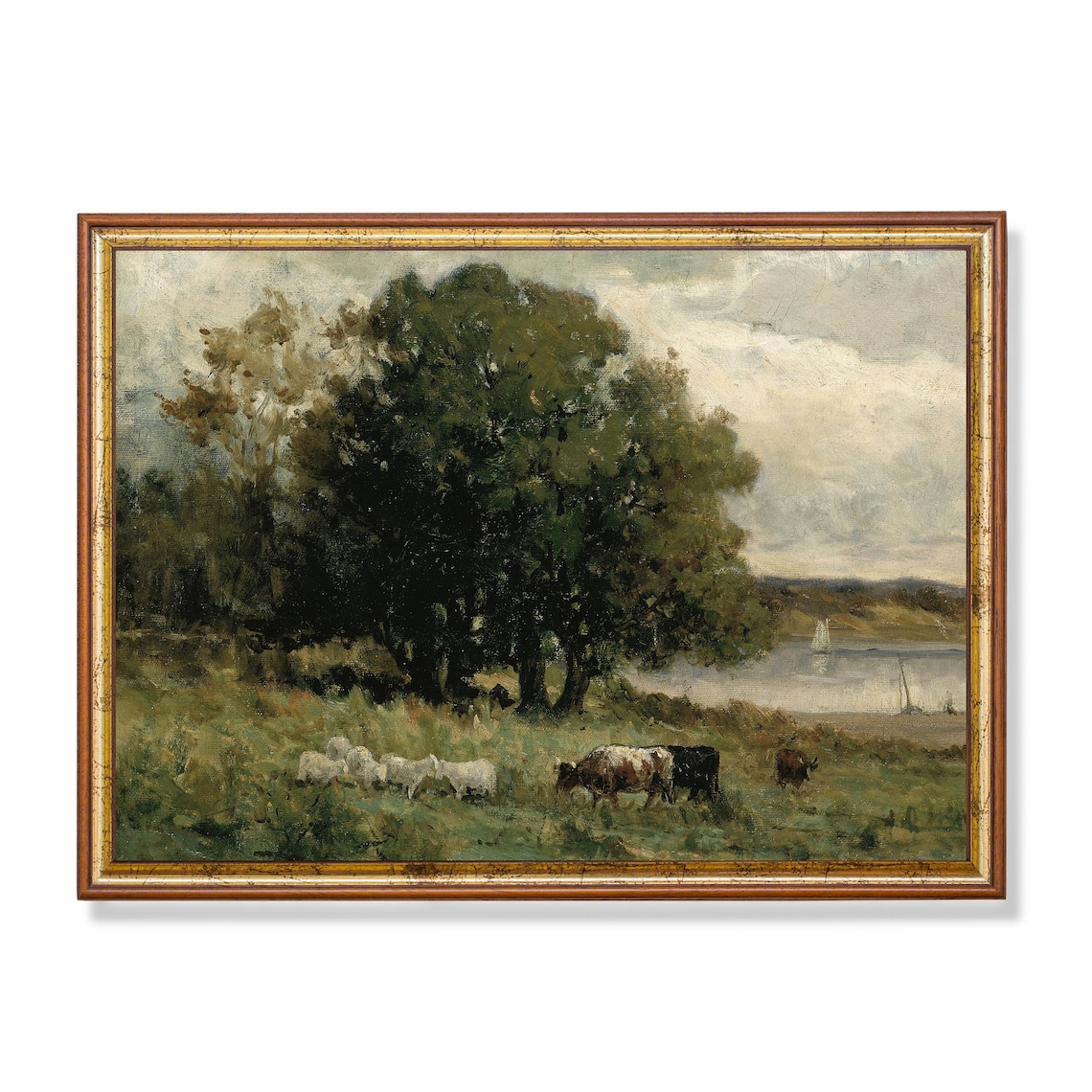 Cow in a Vintage Country Landscape, Antique Print