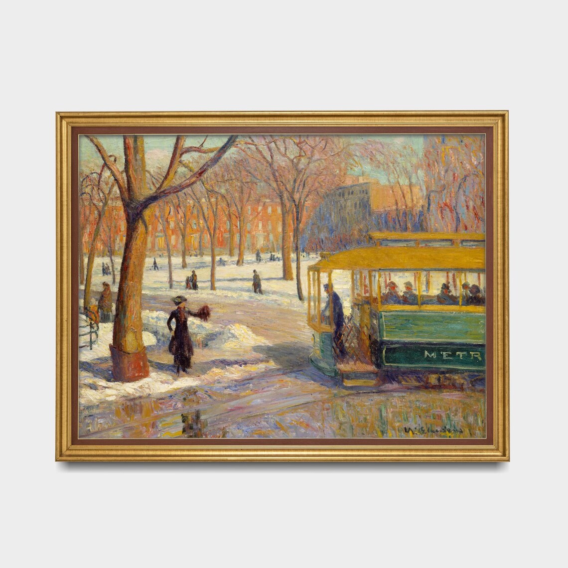Green Tram in Snowy Park Vintage Streetcar Impressionist Poster - Image 5