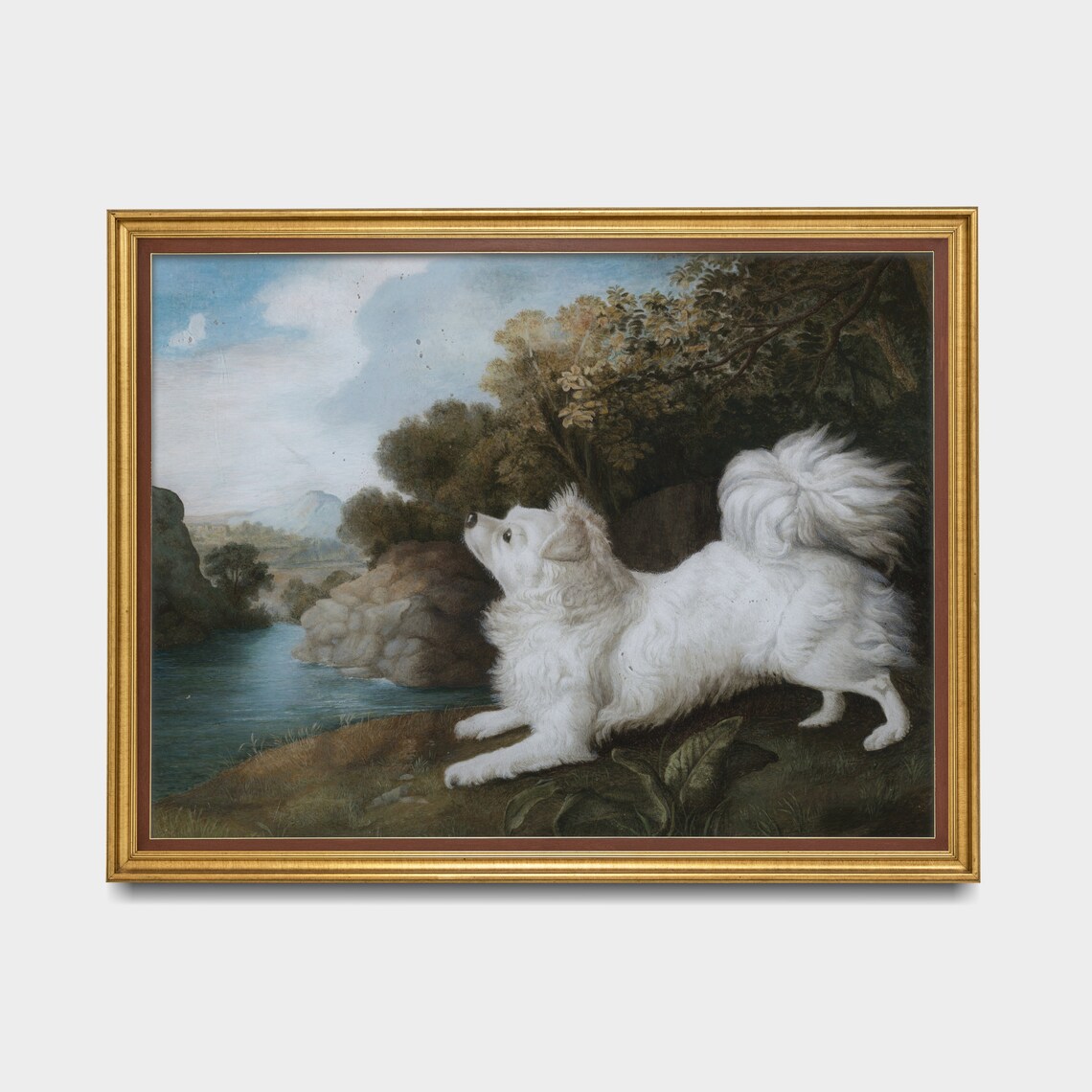 Vintage Painting of a Small White Fluffy Dog Beside a River Poster - Image 2