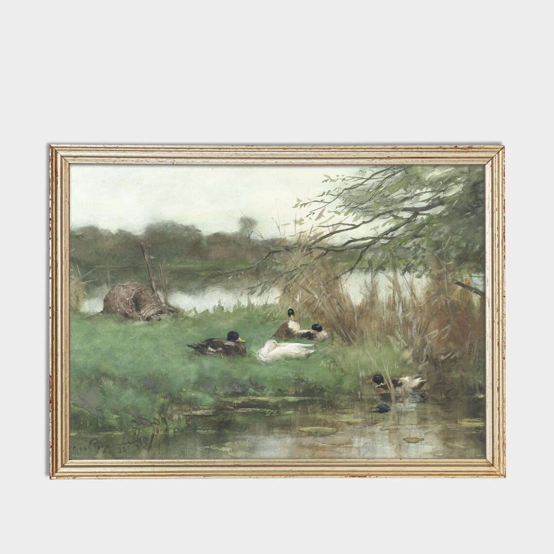 Mallard Ducks Resting Reedy Pond Bank Watercolor Bird Art Poster - Image 3