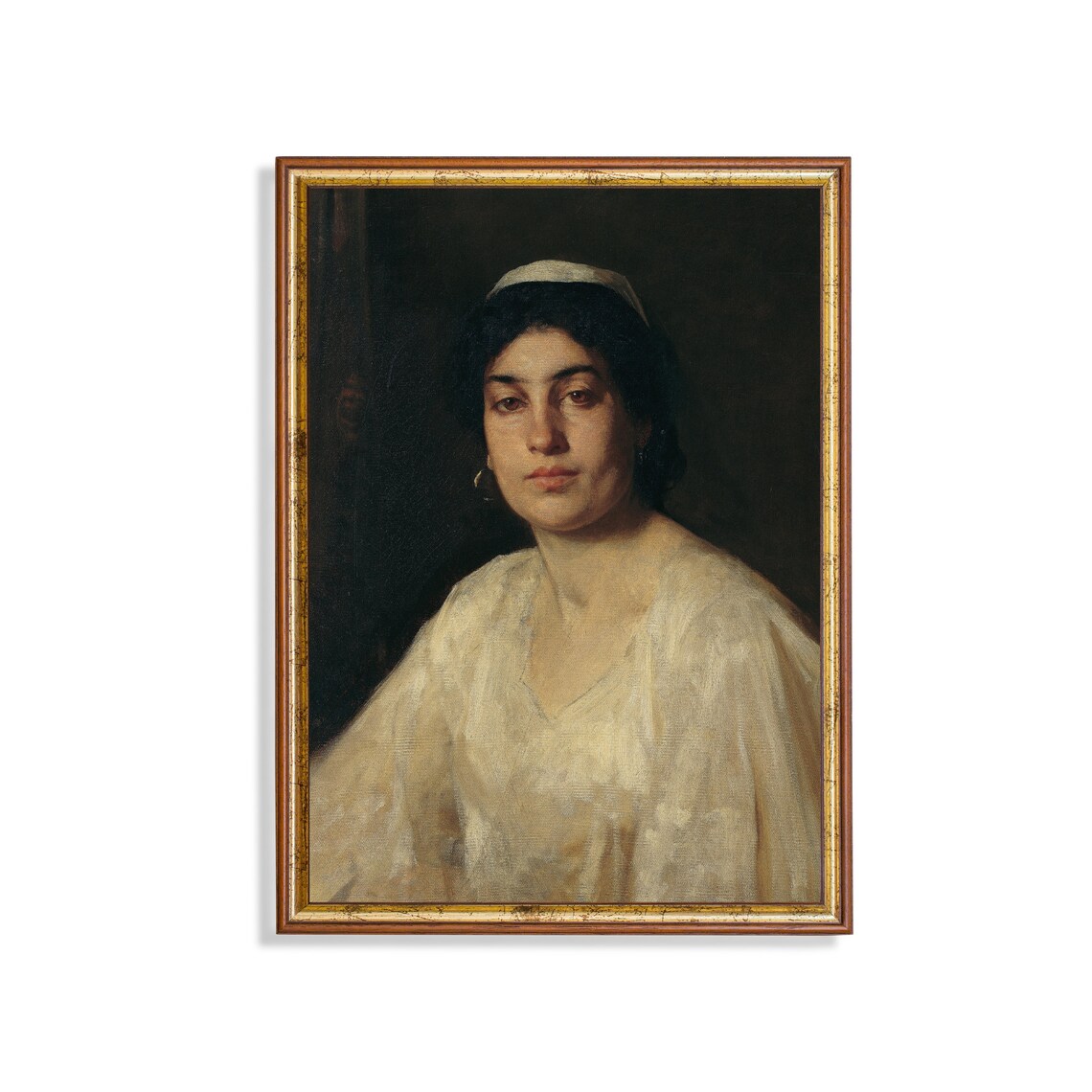 Dark Haired Woman in a White Blouse With a Headband Moody Poster
