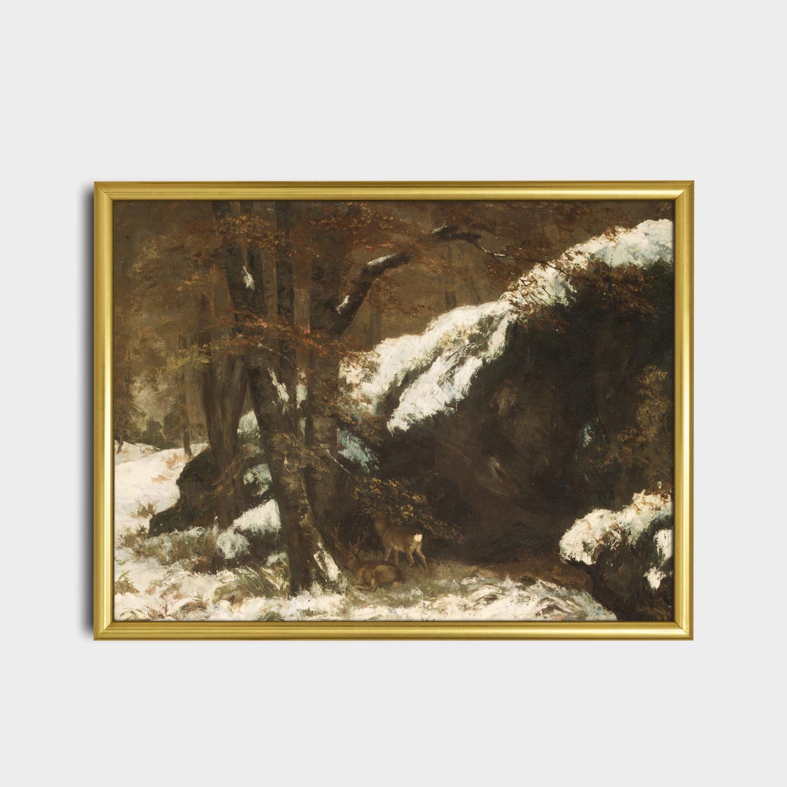 Two Deer Sheltering Under a Snowy Rock Winter Wildlife Poster - Image 2