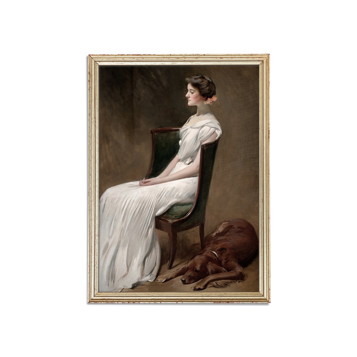 Elegant Woman in White Gown with Dog Antique Classic Portrait Print - Image 4