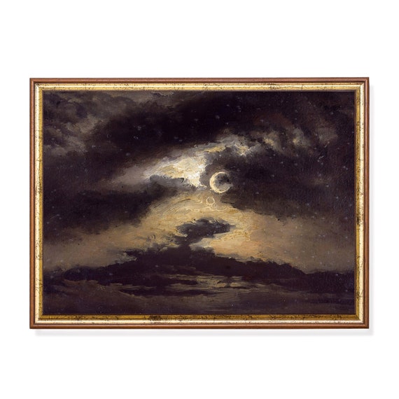 Printed And Shipped Vintage Moonlight Painting Antique Night Sky Print Moody Rustic Art Dark Academia Physical Prints Fine Art