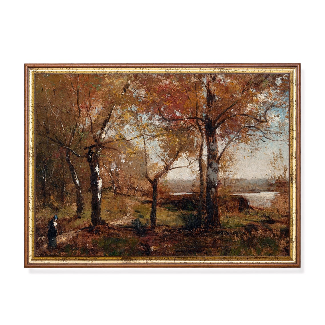 Vintage Autumn Forest Path Figure Fall Landscape Oil Painting Poster
