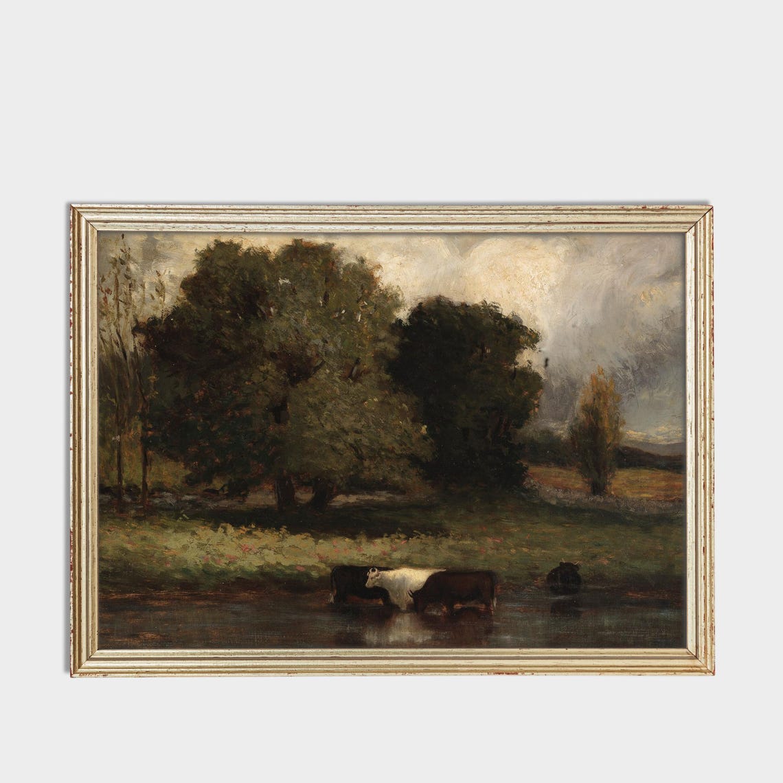 Antique Cows Drinking From Stream Meadow Painting Fine Art Poster - Image 3