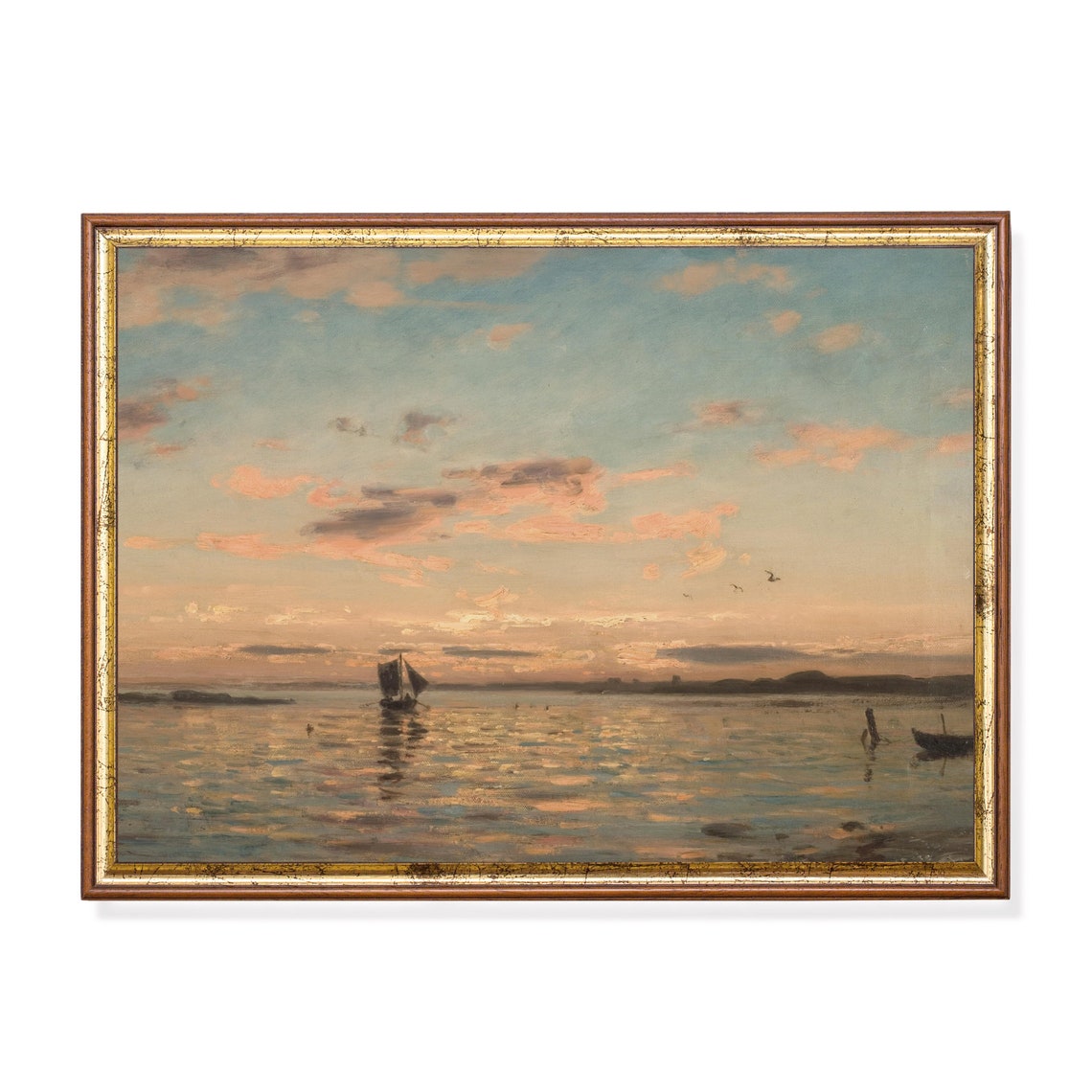 Sailboat at Sunset on Calm Water with Pink Clouds Seascape Poster