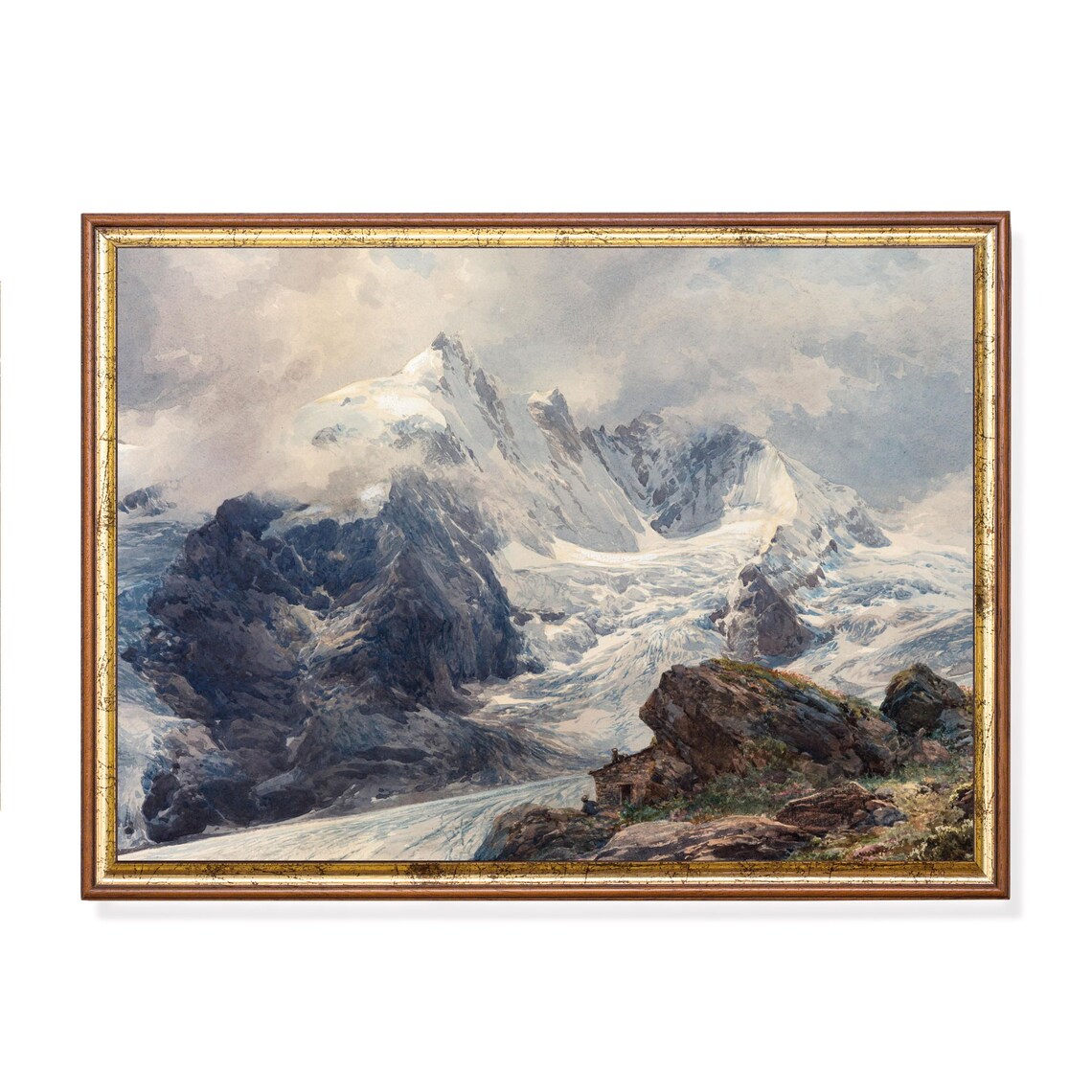 Vintage Winter Landscape, Rustic Snowy Mountain Art Print