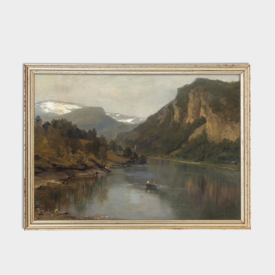 Vintage Mountain Fjord Lake With Rowboat Landscape Art Poster - Image 2