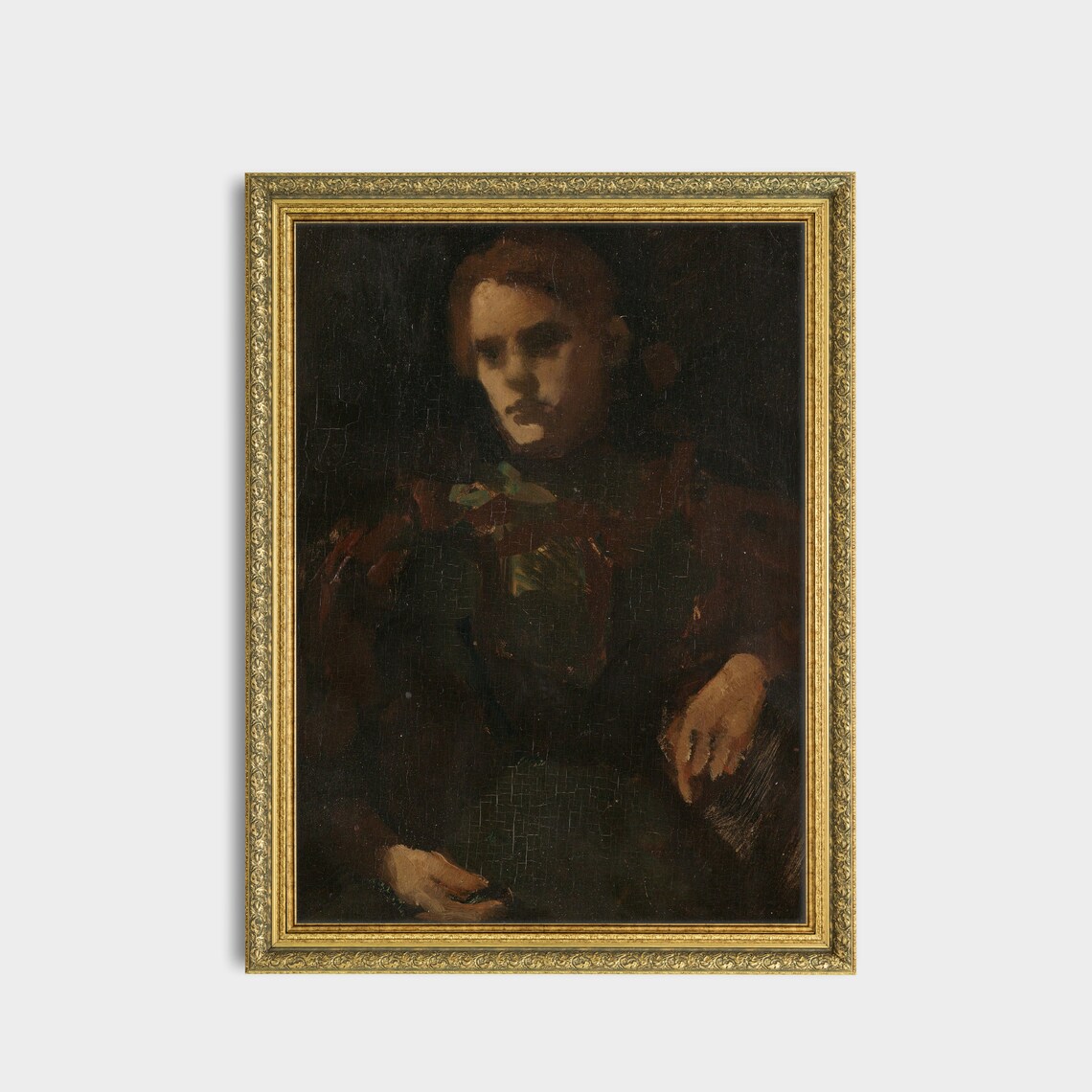Moody Dark Portrait of a Woman Vintage Oil Painting Wall Art - Image 3
