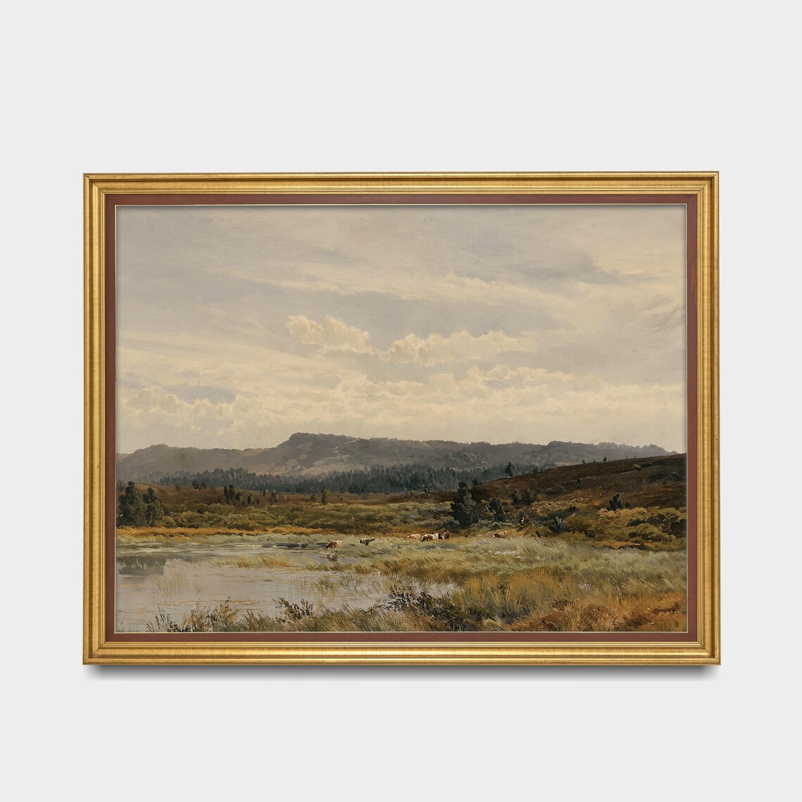 Marshland Pond with Distant Hills Antique Landscape Painting Poster - Image 3