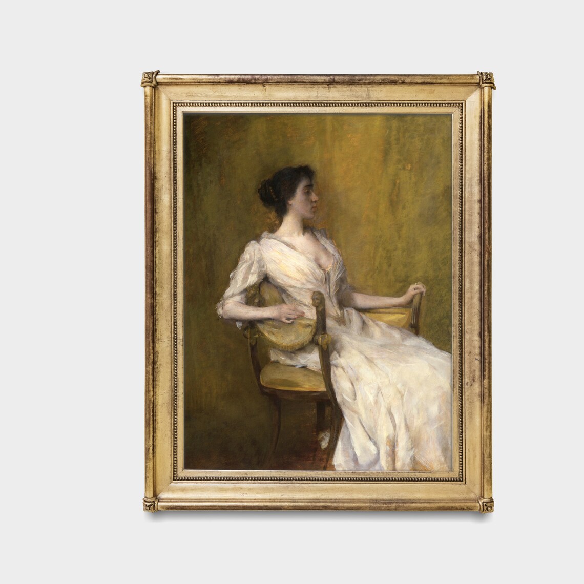 Seated Woman in White Dress against a Moody Golden Backdrop Portrait Poster - Image 3