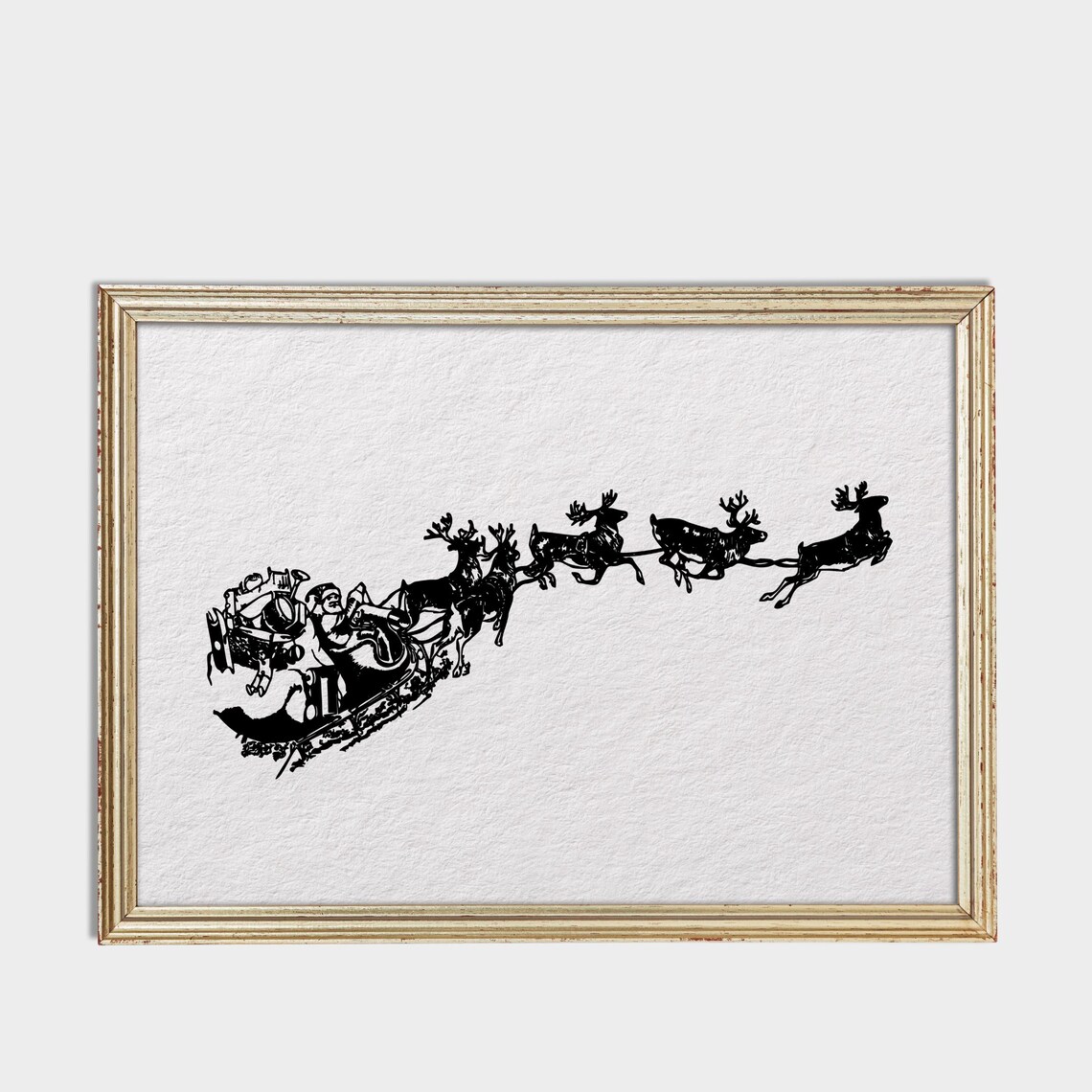 Santa Sleigh Reindeer Silhouette Black Ink Christmas Art Poster - Image 3