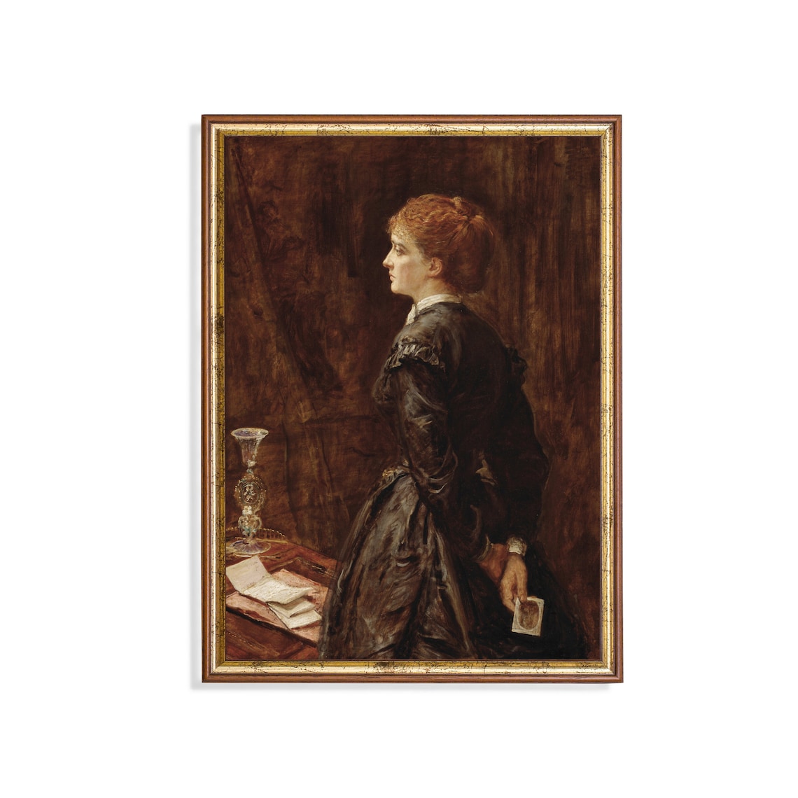 Victorian Redhead Woman Profile Antique Dark Portrait Oil Painting Poster