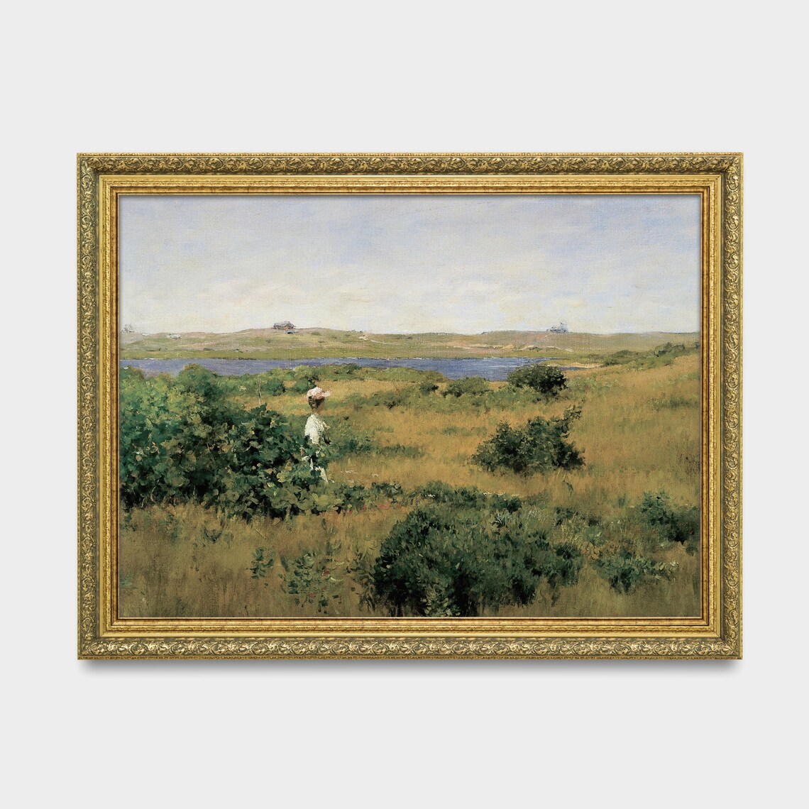 Vintage Woman Walking in Golden Meadow By The Lake Art Poster - Image 2