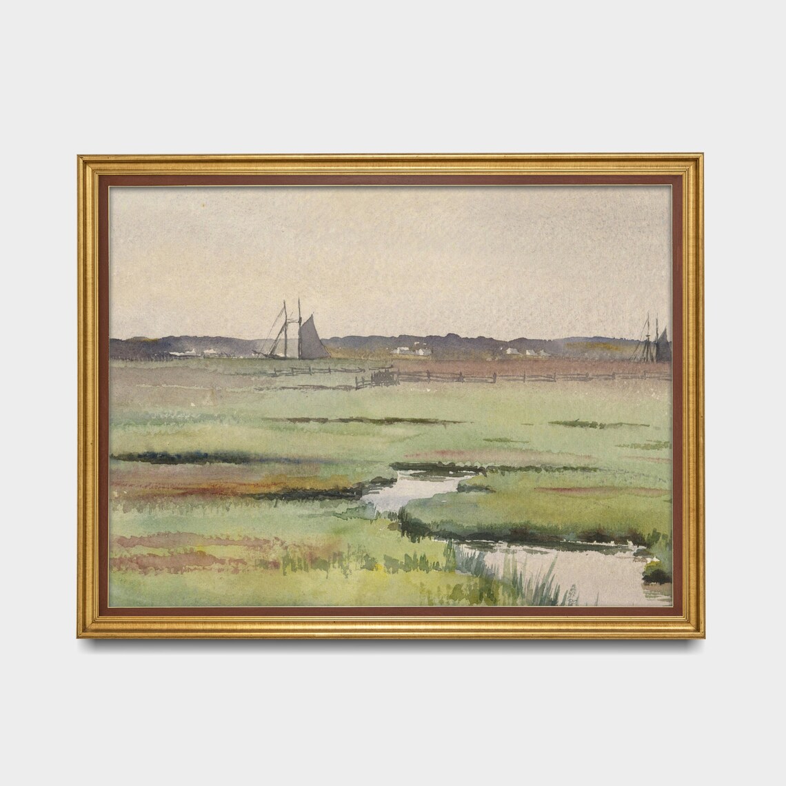 Watercolor Coastal Marsh Painting Muted Sailboats Antique Wall Art - Image 4