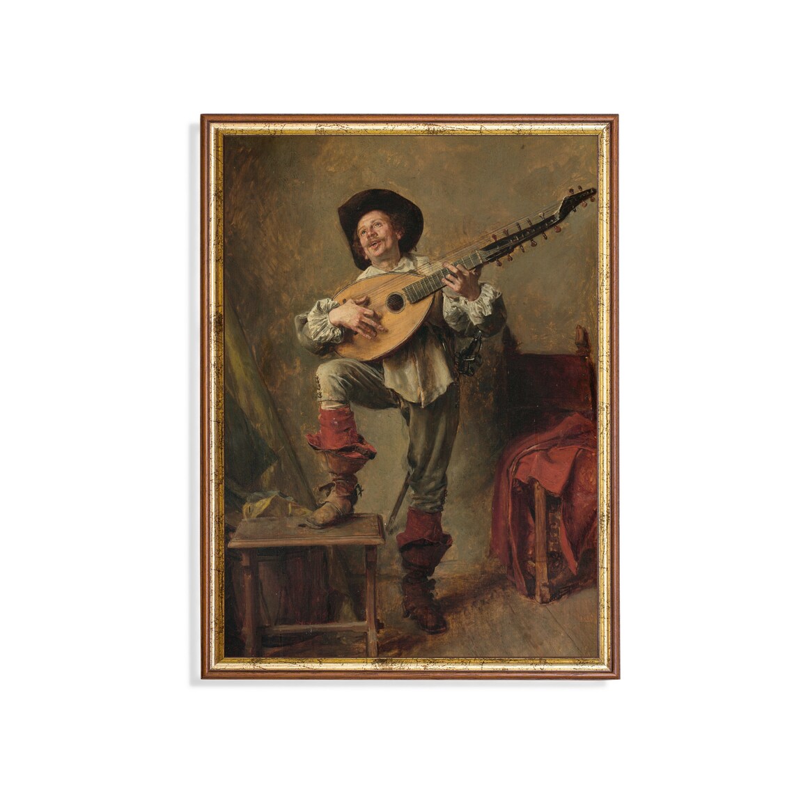 Jolly Musician Playing a Large Lute Vintage Genre Painting Poster
