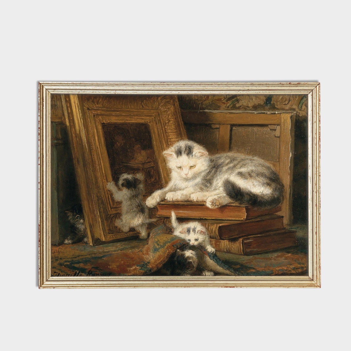 Mother Cat and Kittens Playing with Books and a Frame Poster - Image 2