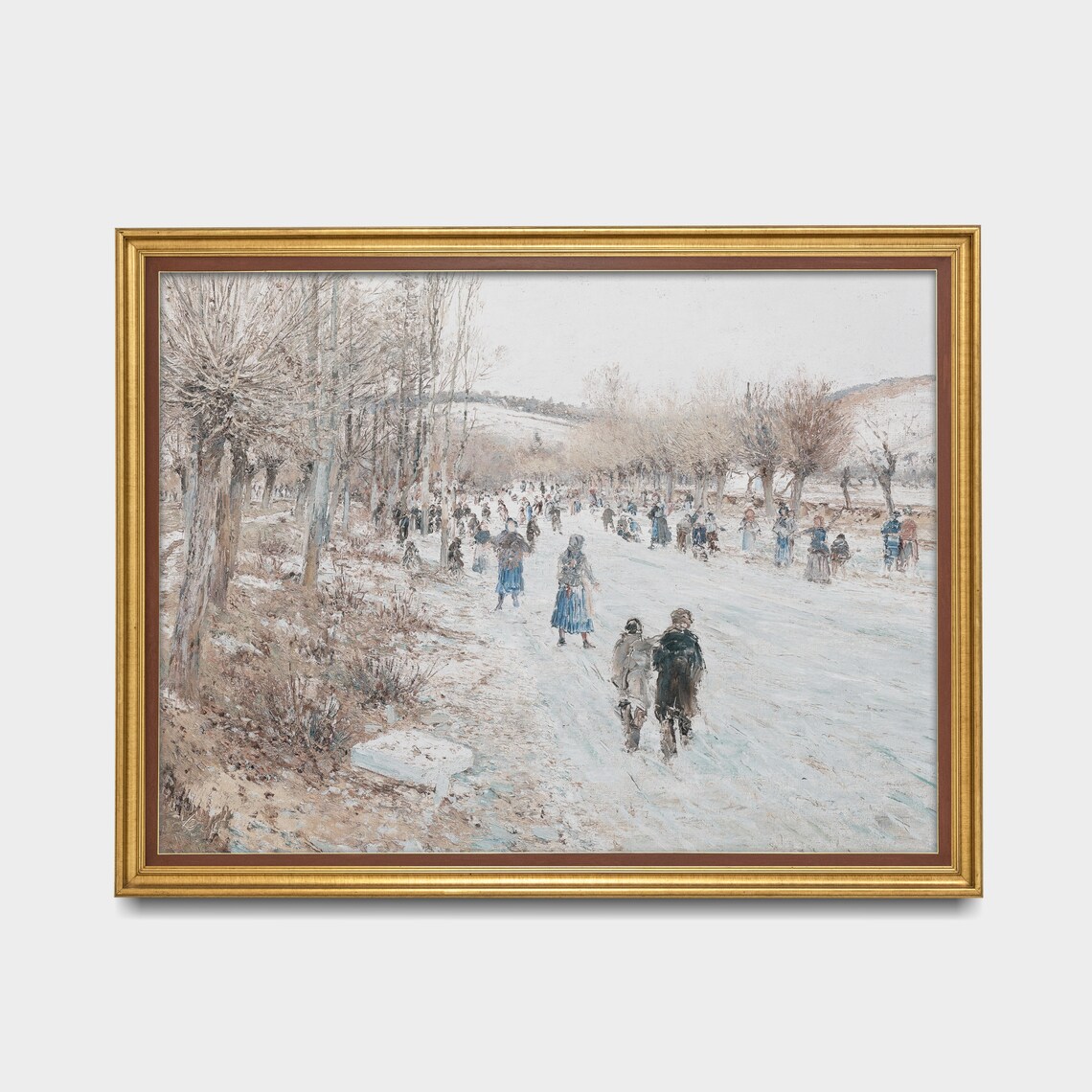 Villagers Walking On Snowy Road Antique Winter Village Poster - Image 3