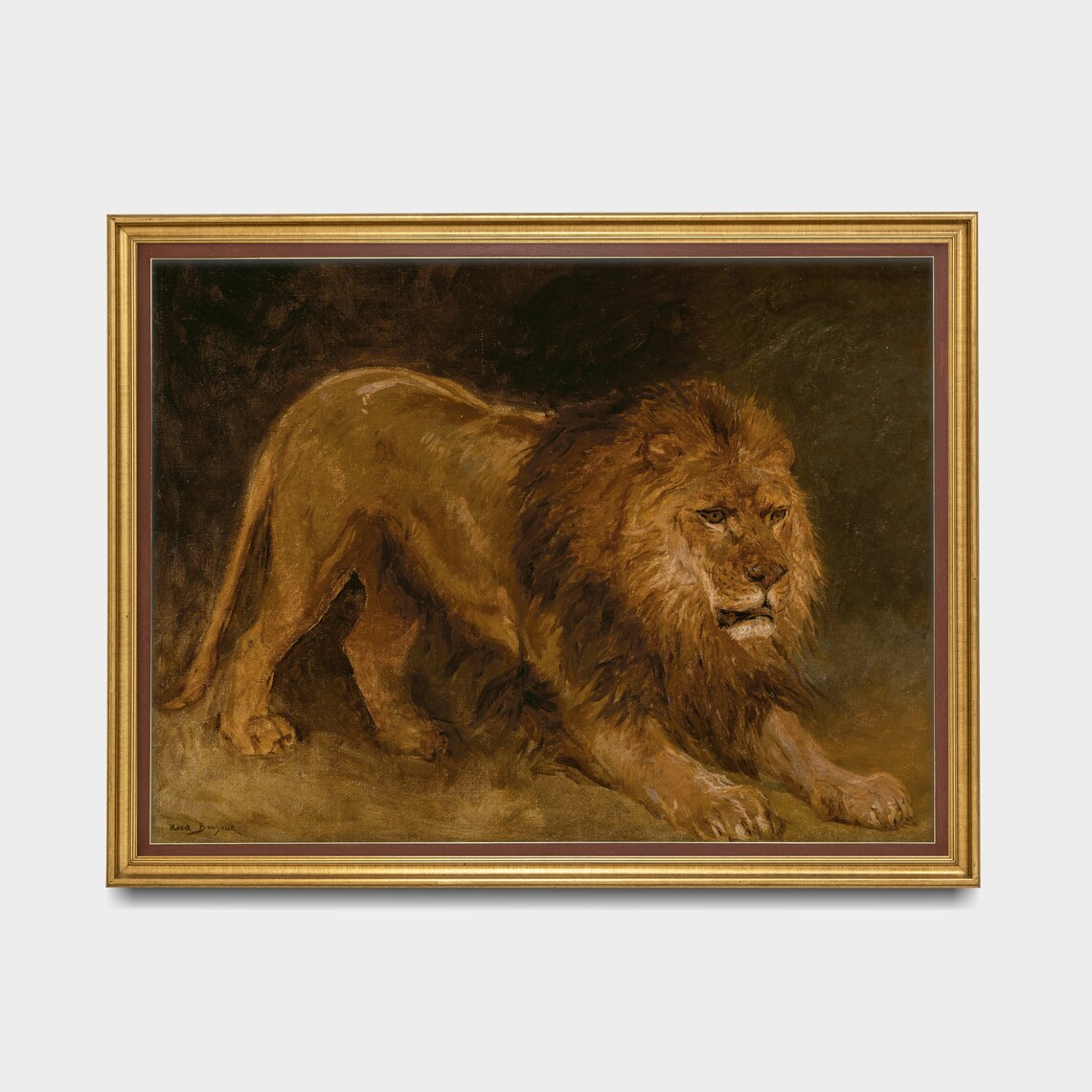 Male Lion Resting in the Dark Vintage Wild Animal Painting Poster - Image 3