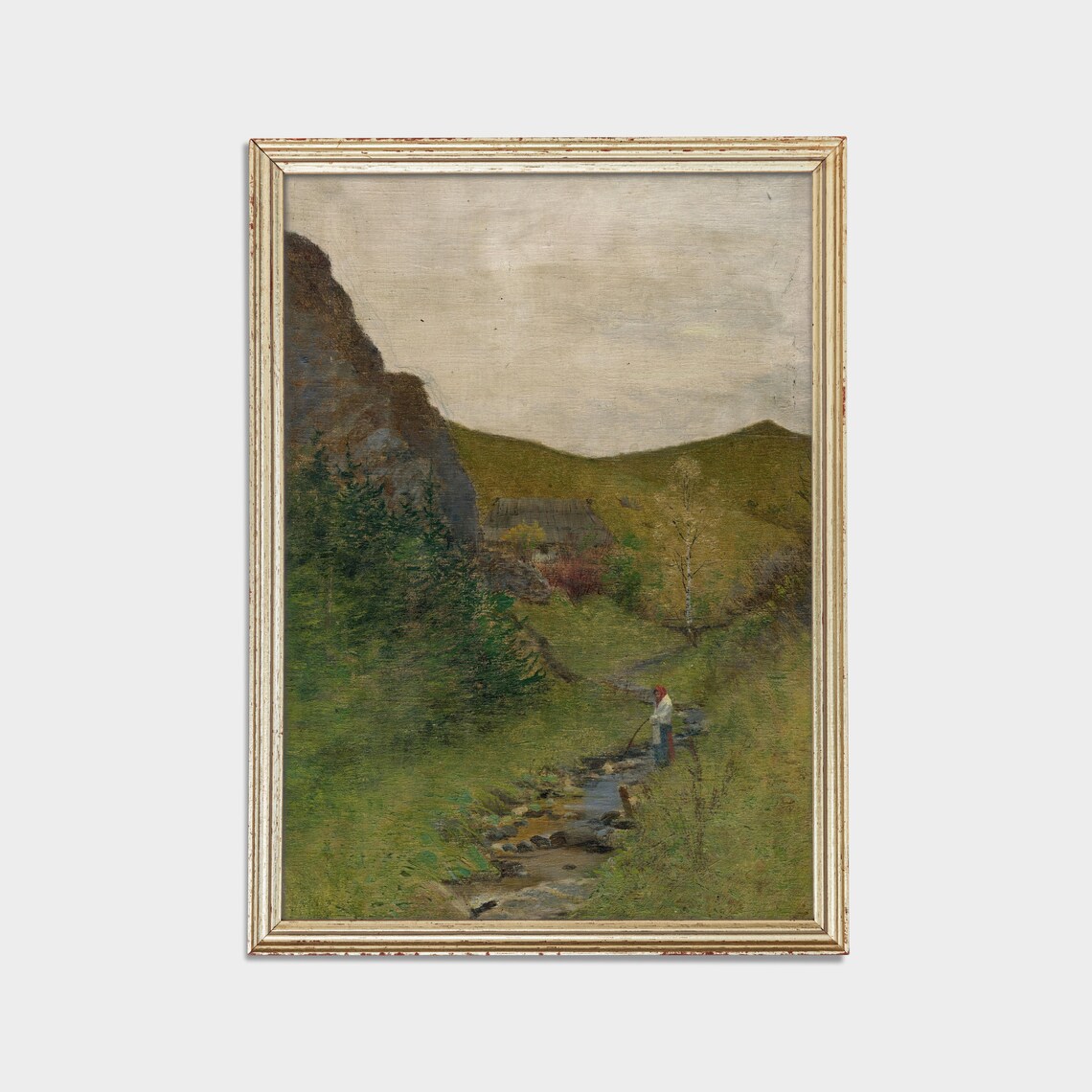 Green Mountain Valley with a Stream Antique Landscape Poster - Image 2