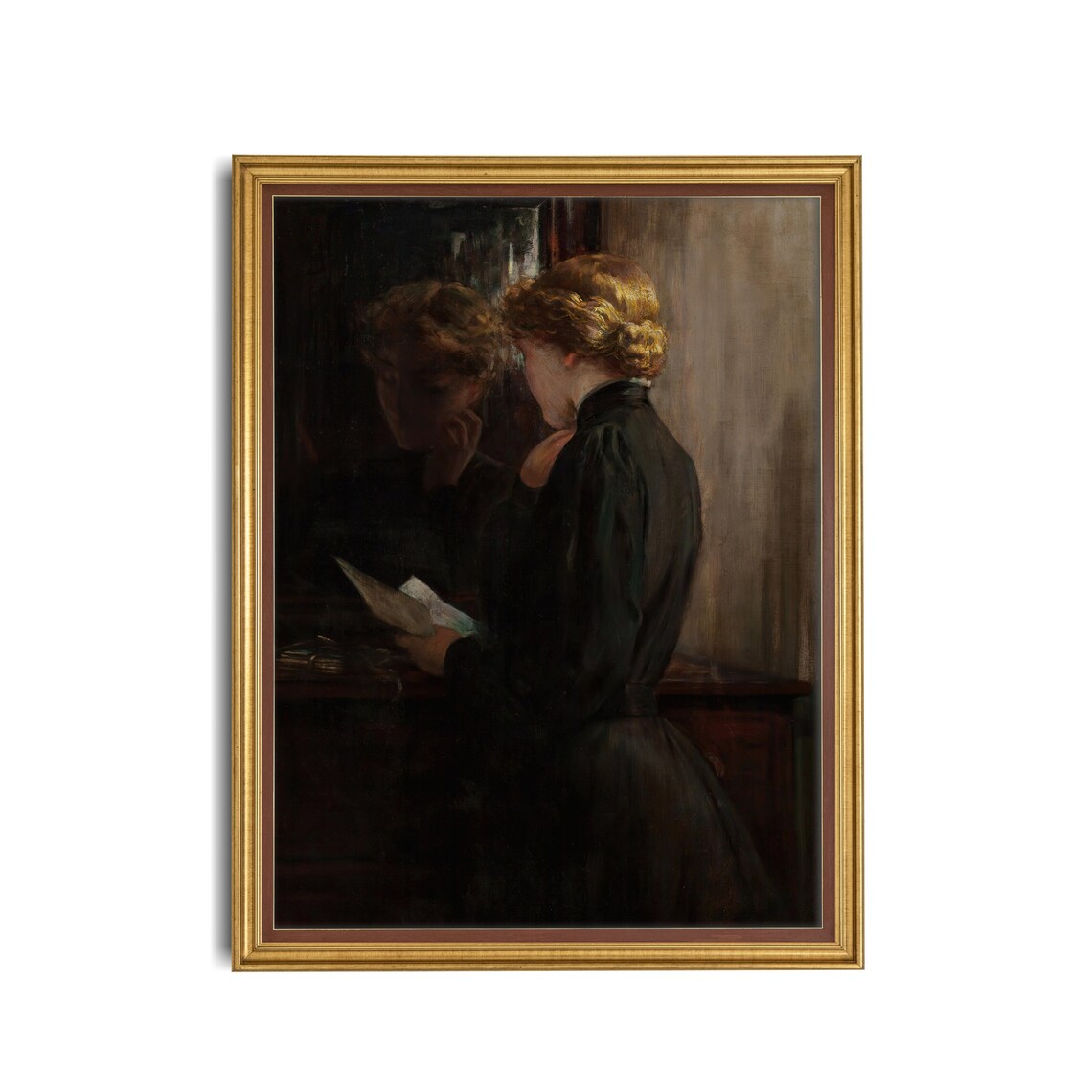 Woman Reading a Letter by Mirror in a Moody Dark Interior Portrait Poster - Image 3