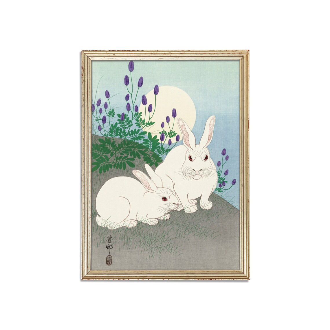 Two White Rabbits Under a Moon Classic Japanese Woodblock Poster - Image 3