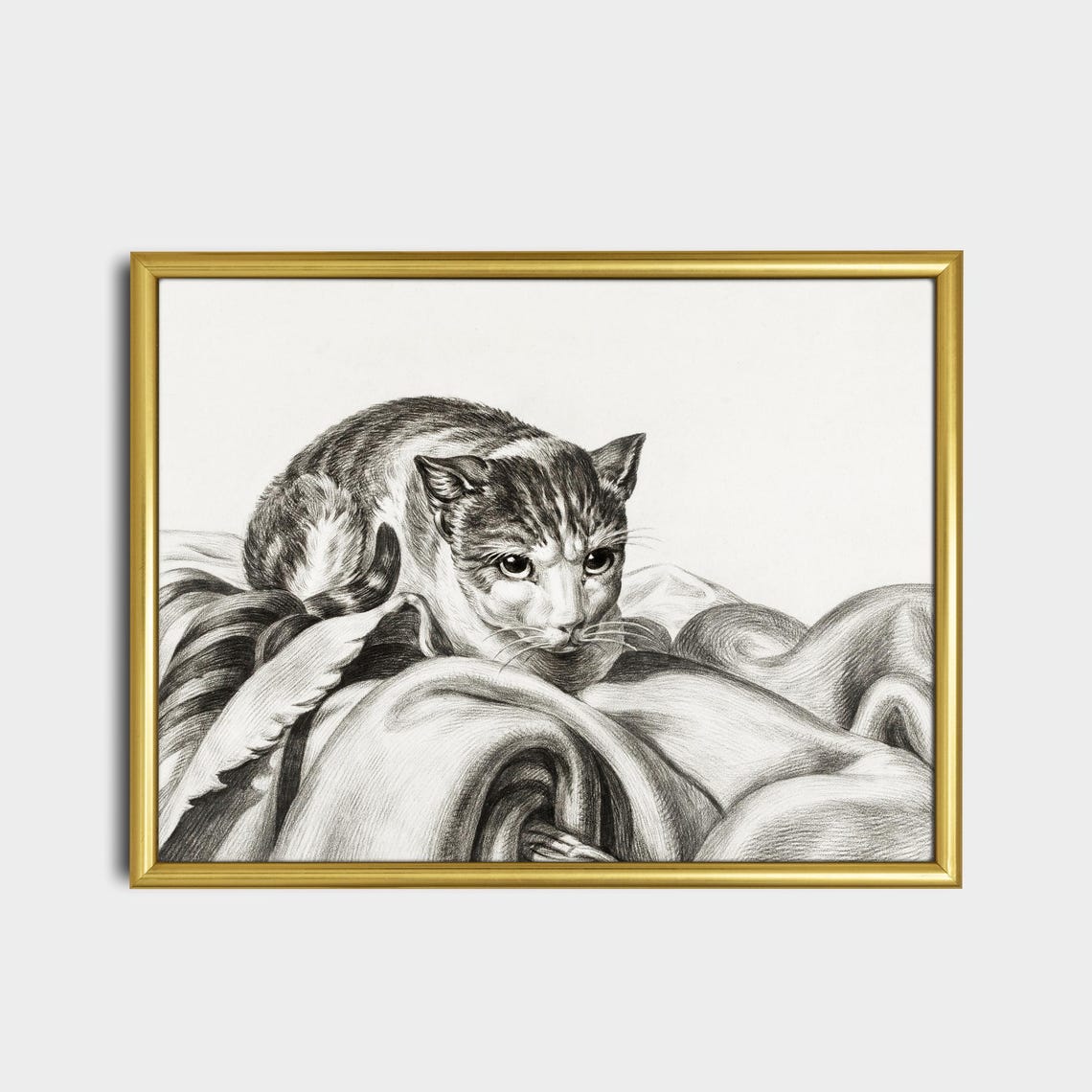 Cat Resting on Draped Fabric Vintage Graphite Drawing Poster - Image 2