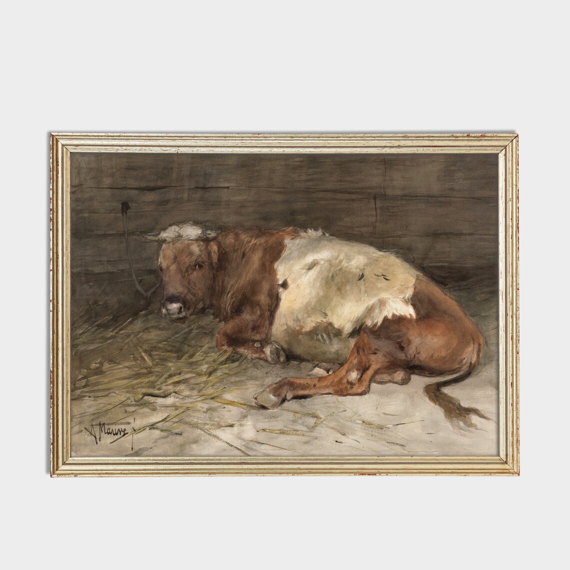 Young Bull Lying in Straw Signed Anton Mauve Farm Animal Poster - Image 3