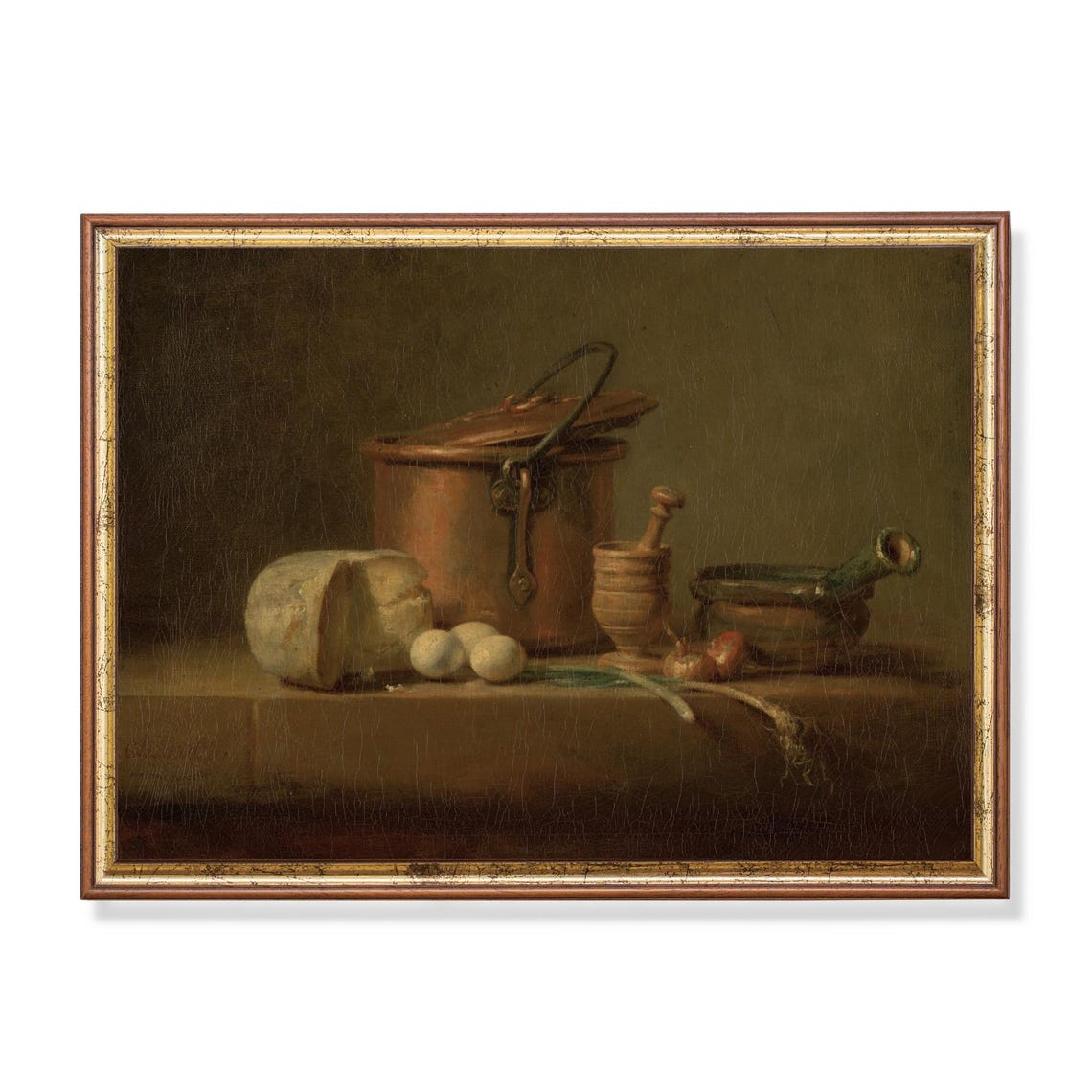French Kitchen Still Life Copper Pot Bread Eggs Chardin Style Poster