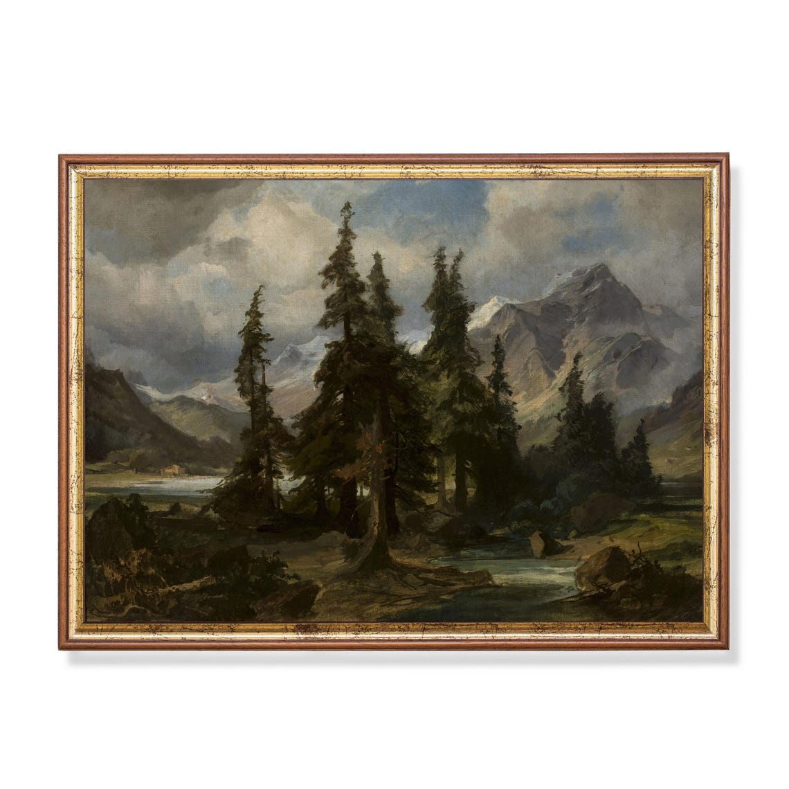 Alpine Pines with Stormy Mountain Peaks Vintage Landscape Poster