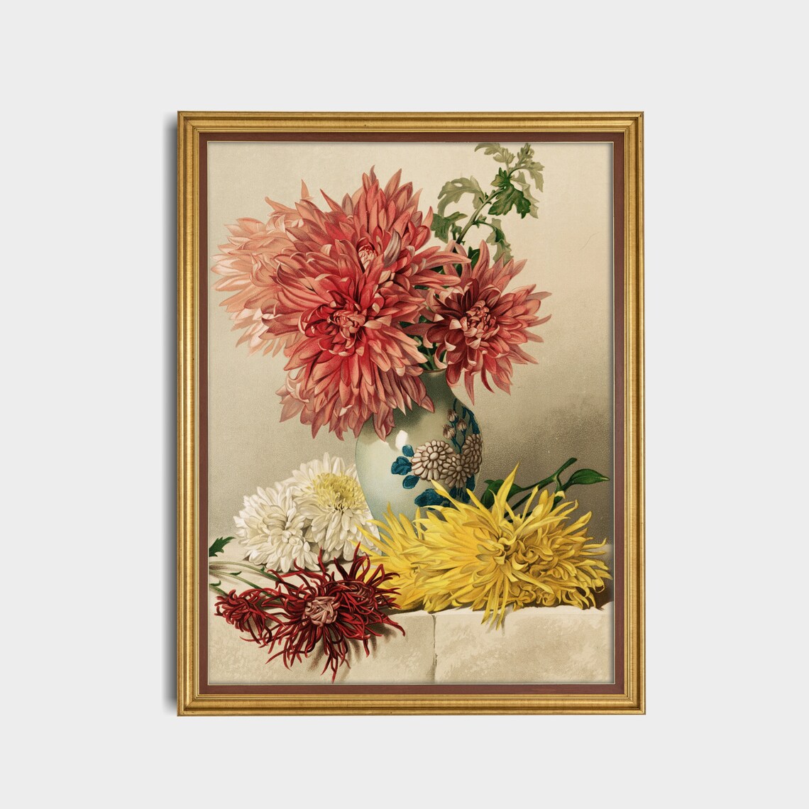 Chrysanthemums in a Decorated Vase Botanical Chromolithograph Poster - Image 3