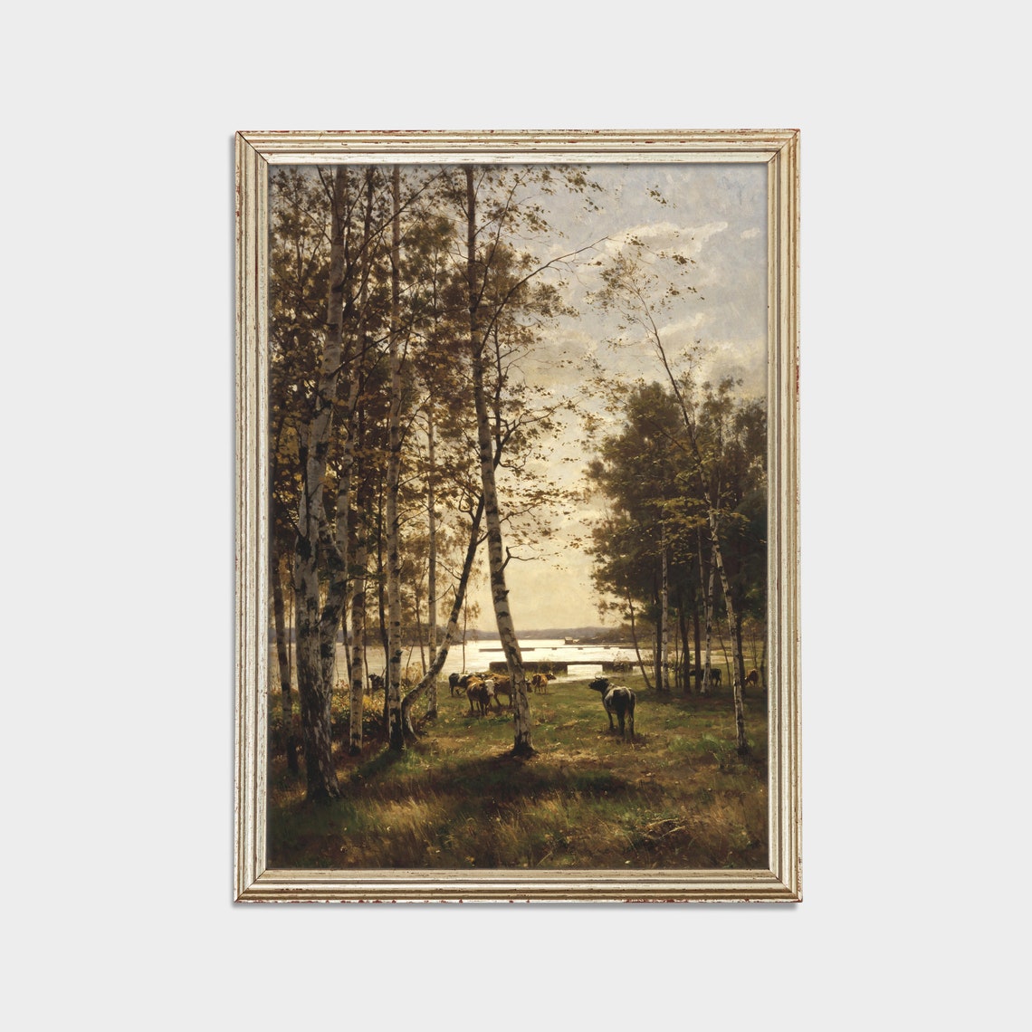Birch Grove by a Lake with Cattle Grazing at the Shore Poster - Image 3