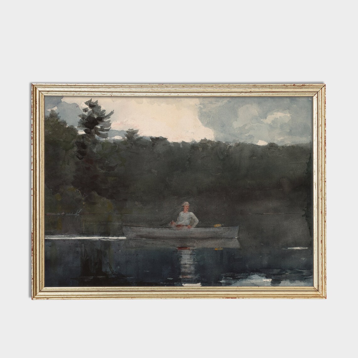Lone Fisherman in a Canoe at Dusk on a Pine Lake Vintage Poster - Image 2