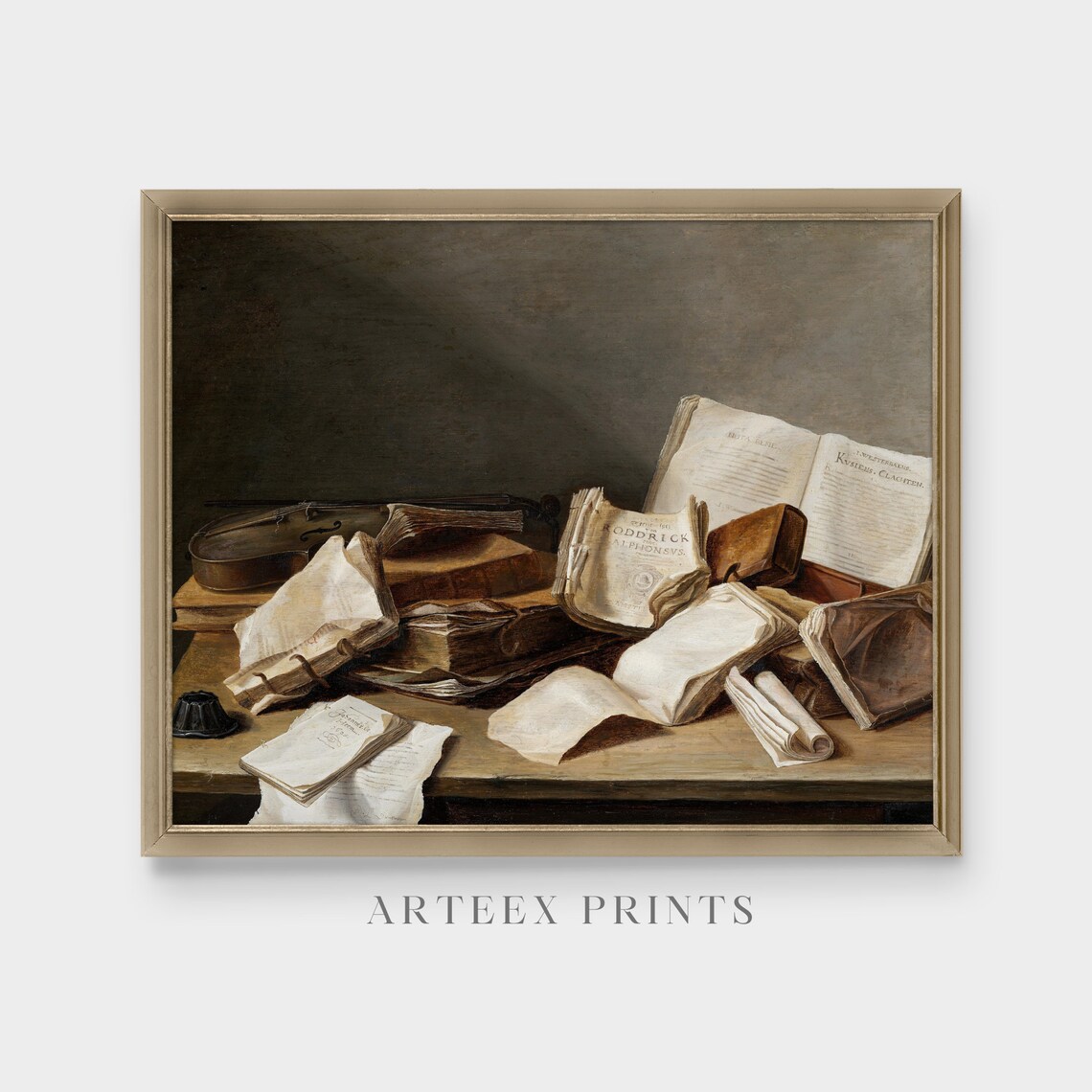 Still Life With Books and Violin, Vintage Art Print - Image 3