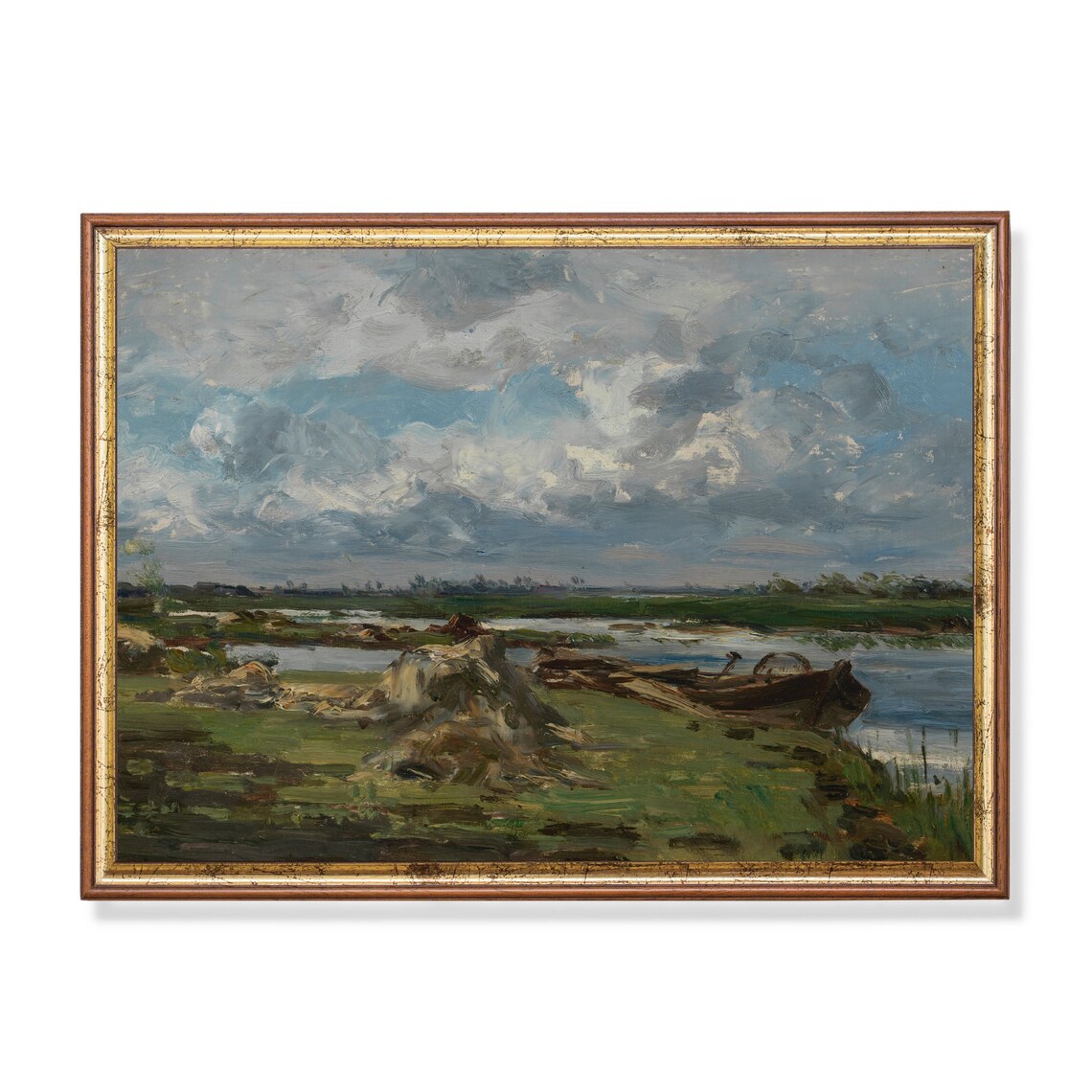 Boats Moored by a Moody Lake Under a Heavy Clouded Sky Poster