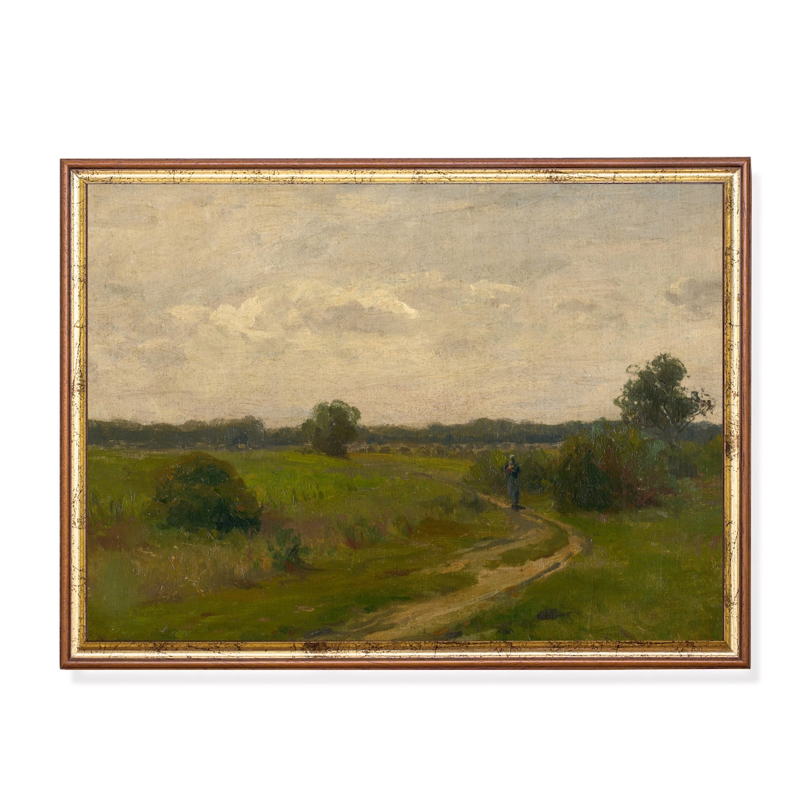 Vintage Green Country Path Figure Meadow Cloudy Sky Painting Poster
