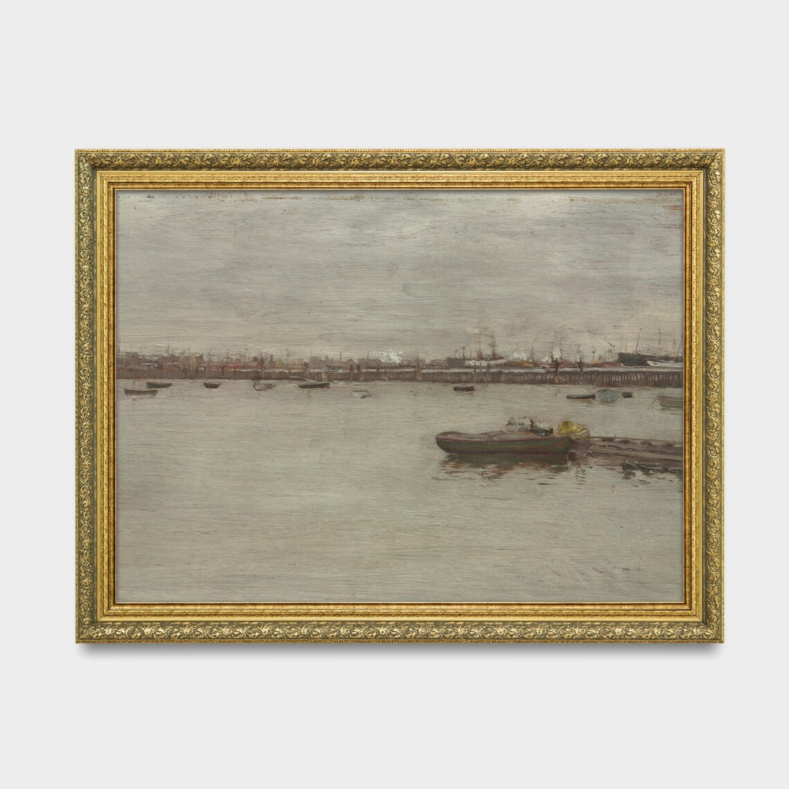 Muted Gray Harbor Painting Rowboat Antique Nautical Wall Art - Image 2