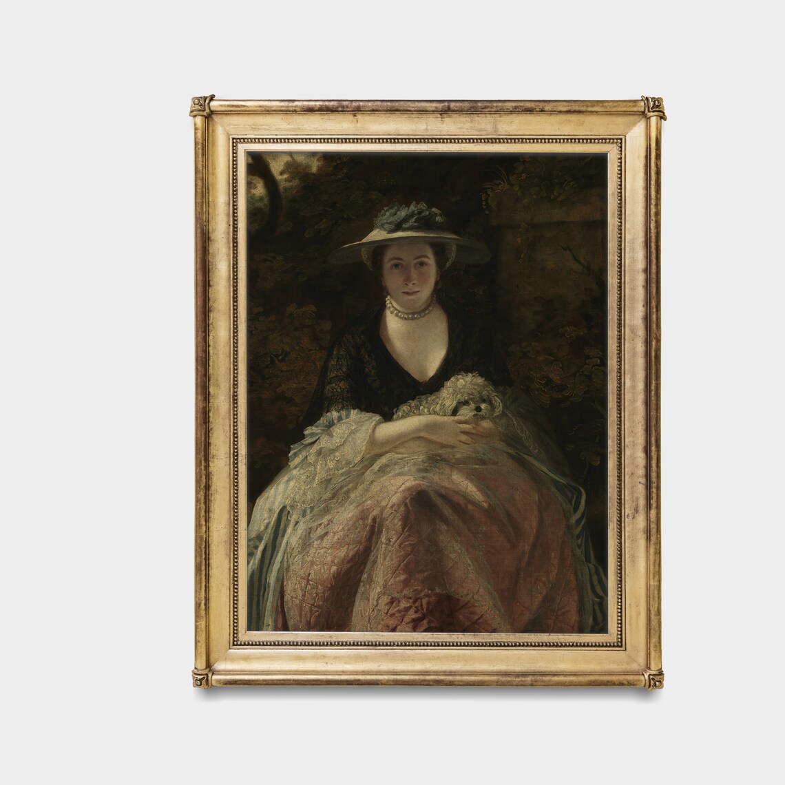 Lady in a Wide Hat Holding a Small White Dog Garden Portrait Poster - Image 3