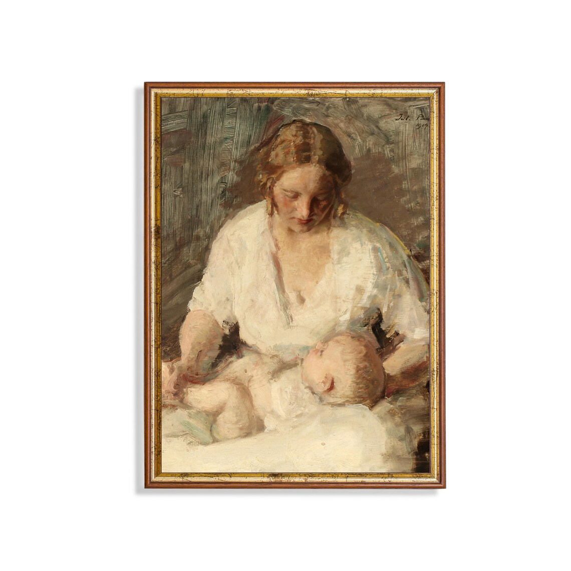 Tender Mother Cradling Her Newborn Baby Antique Oil Painting Poster