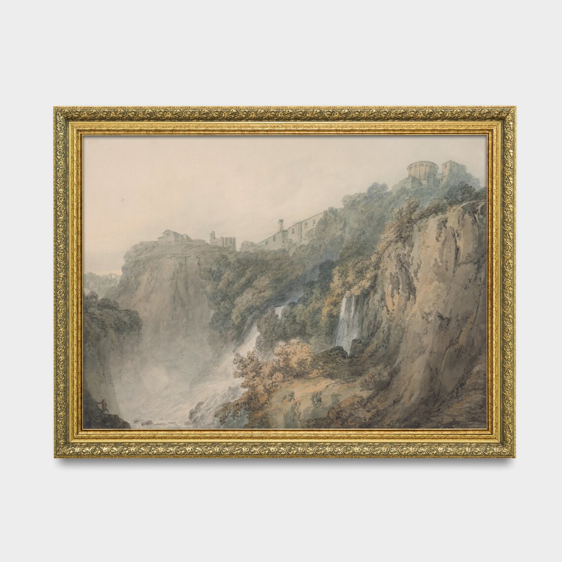 Clifftop Ruins Above Waterfalls in Rocky Gorge Watercolor Poster - Image 3
