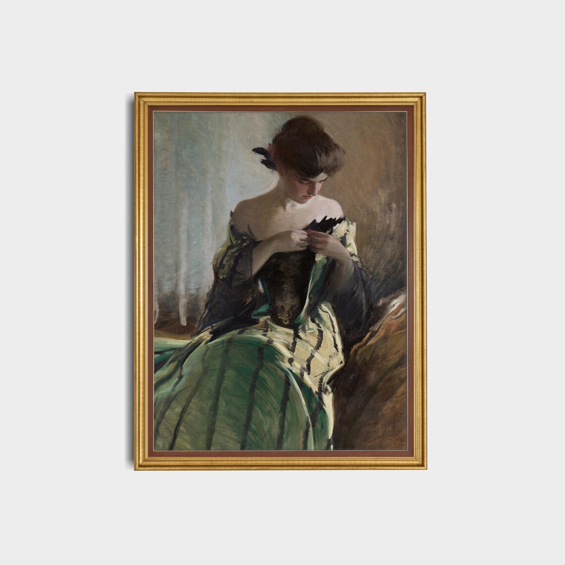 Seated Woman Adjusting Her Bodice in Green Antique Portrait Poster - Image 2