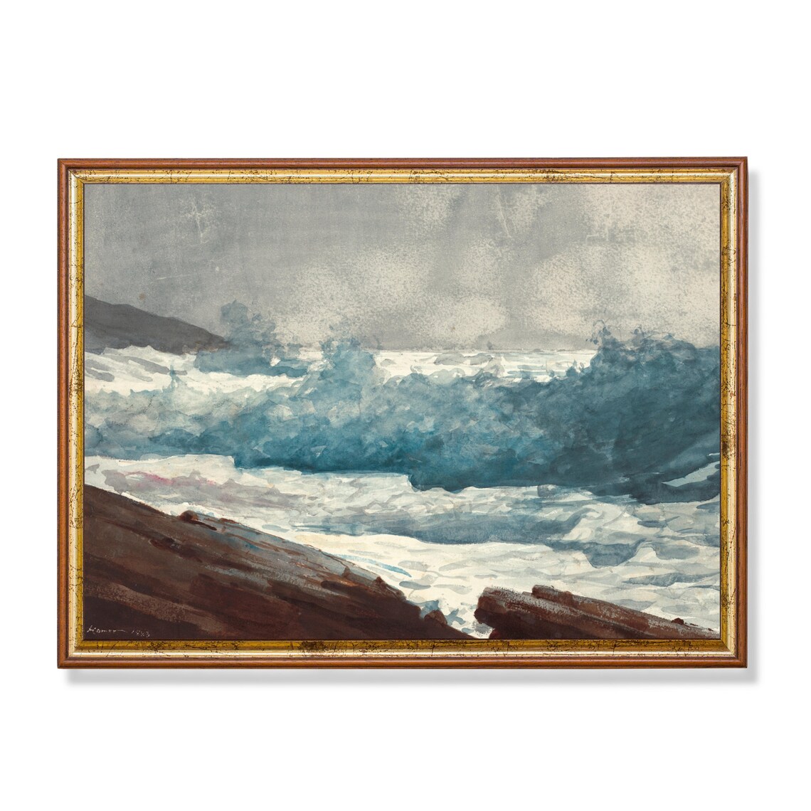 Crashing Ocean Waves Watercolor Coastal Seascape Antique Poster