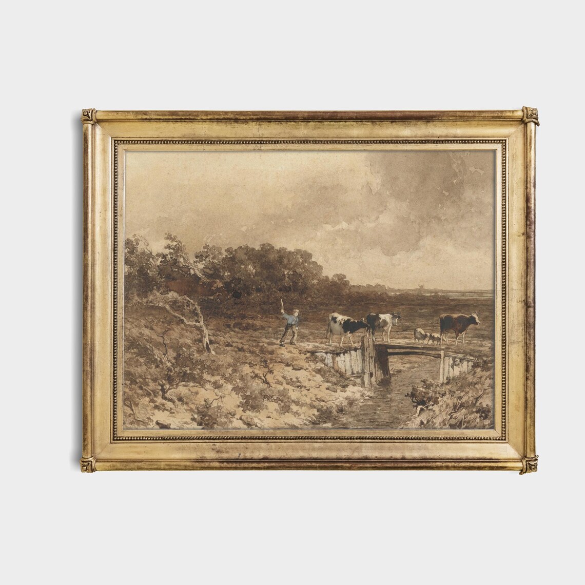 Boy Herding Cows Across Bridge Sepia Country Sketch Art Poster - Image 4