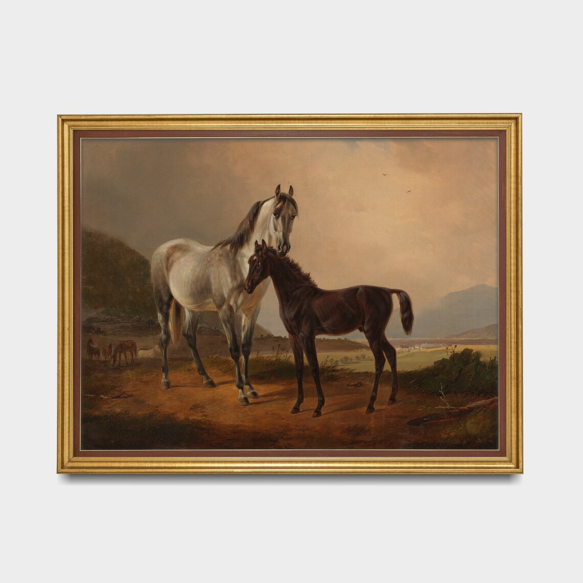 Antique White Mare and Dark Foal on a Hillside Vintage Poster - Image 3