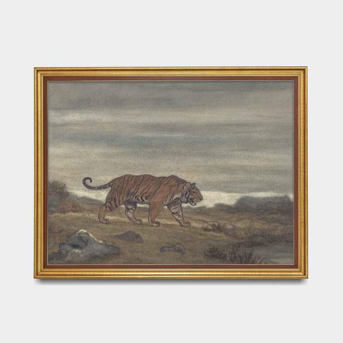 Tiger Walking Rocky Grassland Plain Vintage Wildlife Painting Poster - Image 4